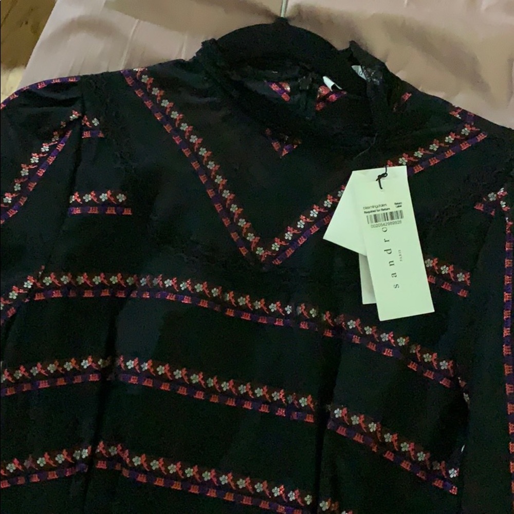 NWT Sandro Sibel Floral Jacquard Mini Dress Lace Mock Neck Metallic - Picture 4 of 5